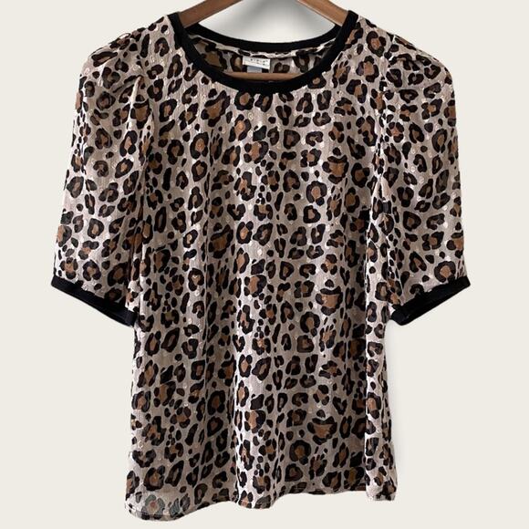 A NEW DAY Animal Print Semi-Sheer Puff Sleeve Blouse Size XS Textured - Picture 1 of 7